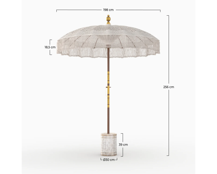 Ensemble parasol en macramé et pied de parasol en bois BLANC