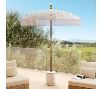 Ensemble parasol en macramé et pied de parasol en bois BLANC