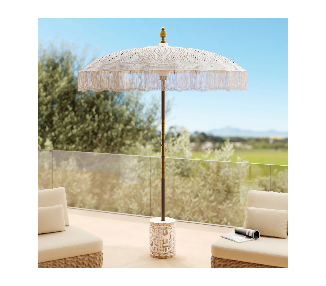 Ensemble parasol en macramé et pied de parasol en bois BLANC