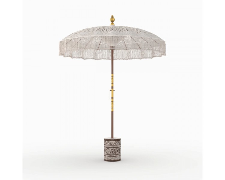 Ensemble parasol en macramé et pied de parasol en bois de suar