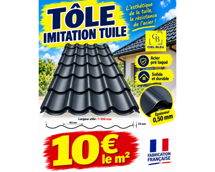 Tôle imitation tuile 200x110cm RAL 7016 Gris Anthracite